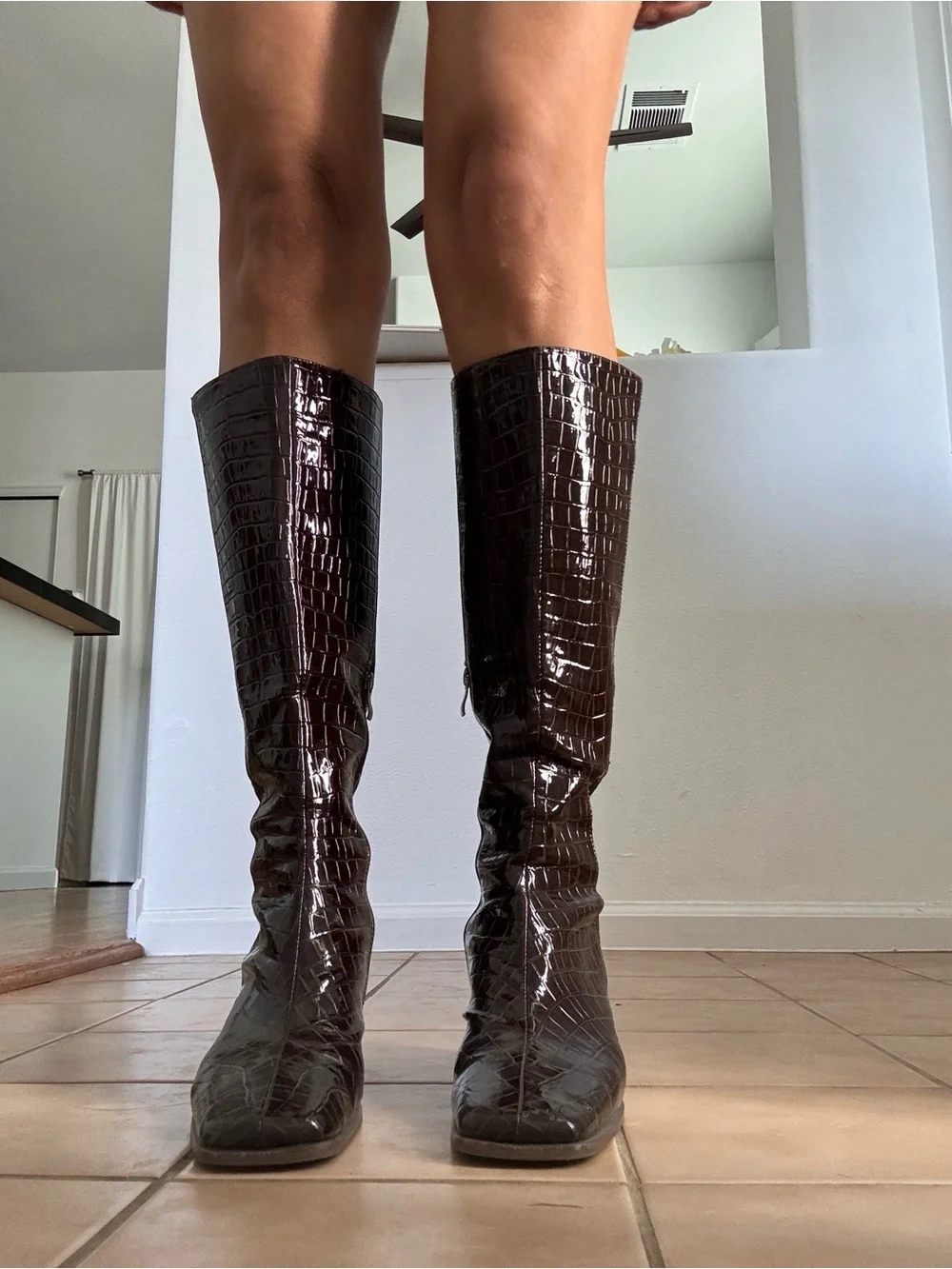 Coach LIKE Croc-Embossed Knee Boots in Dark Brown